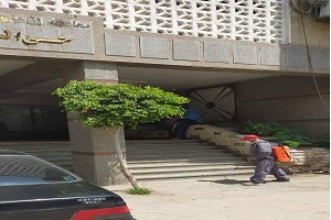 رش يدوي بشوارع الحي منعاً للذباب